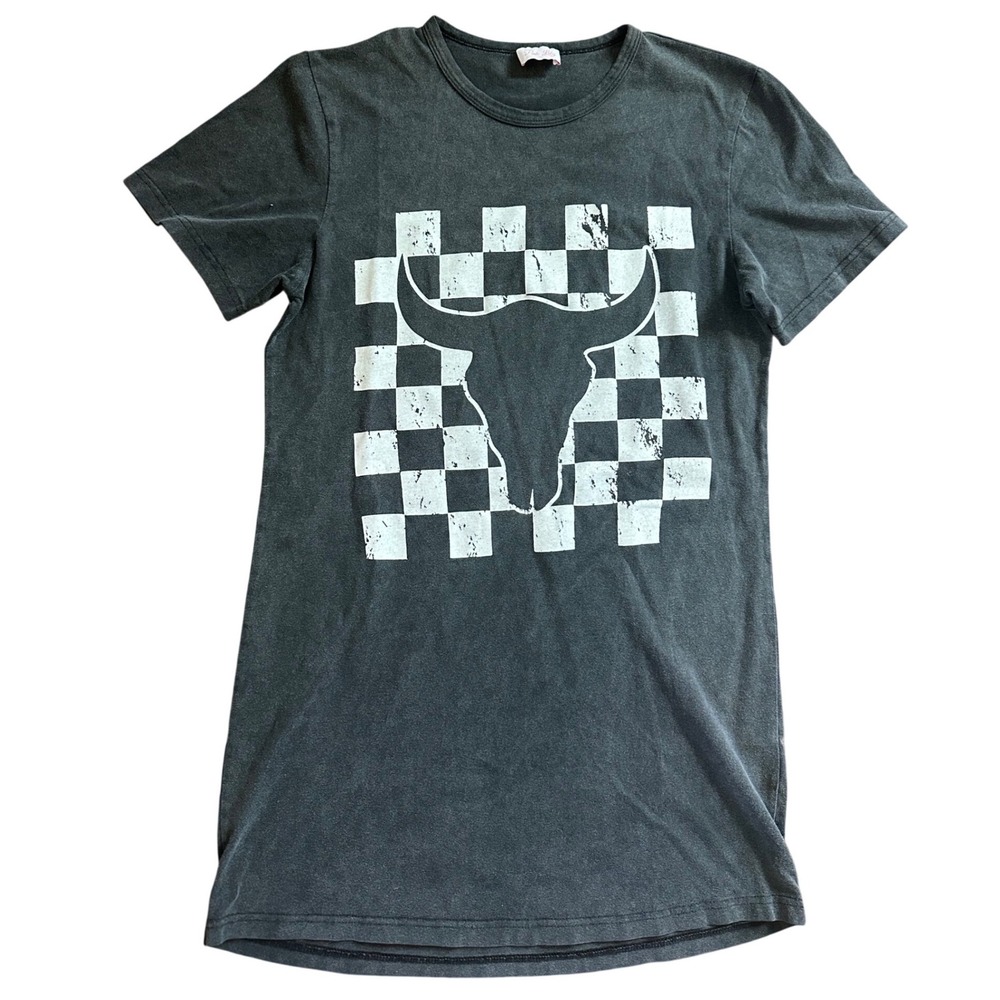 Pink Lily Womens Charcoal Grey Bull Skull Checkered Graphic T-Shirt Dress Small